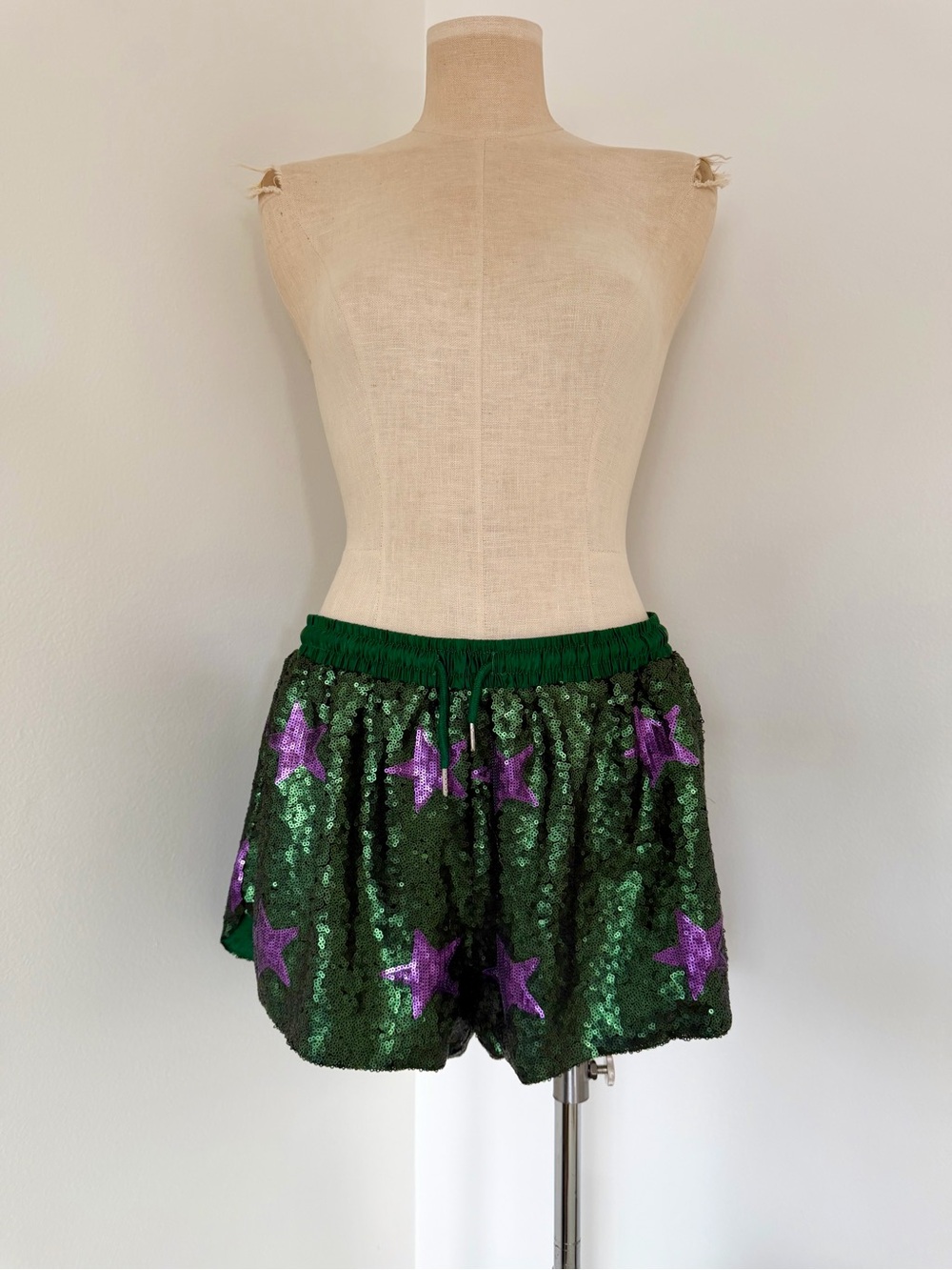 Cynthia Rowley Green Sequin Shorts with Purple Stars - Picture 1 of 3